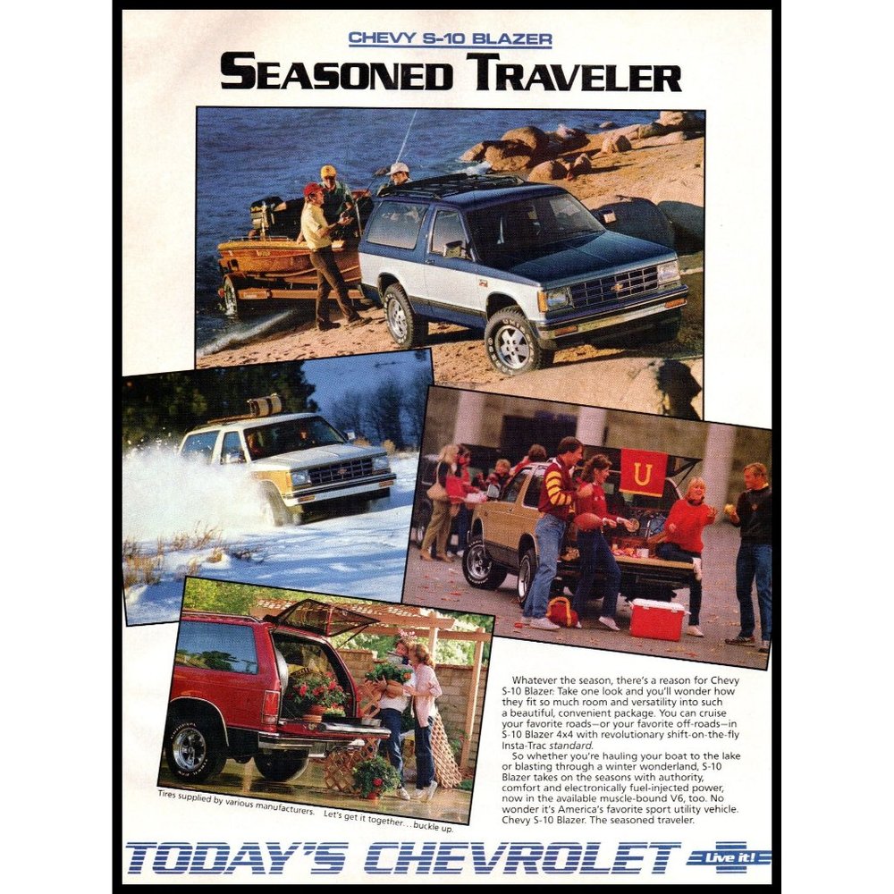1986 Chevy S-10 Blazer SUV Vintage Print Ad Snow Boating Lake Football Wall Art